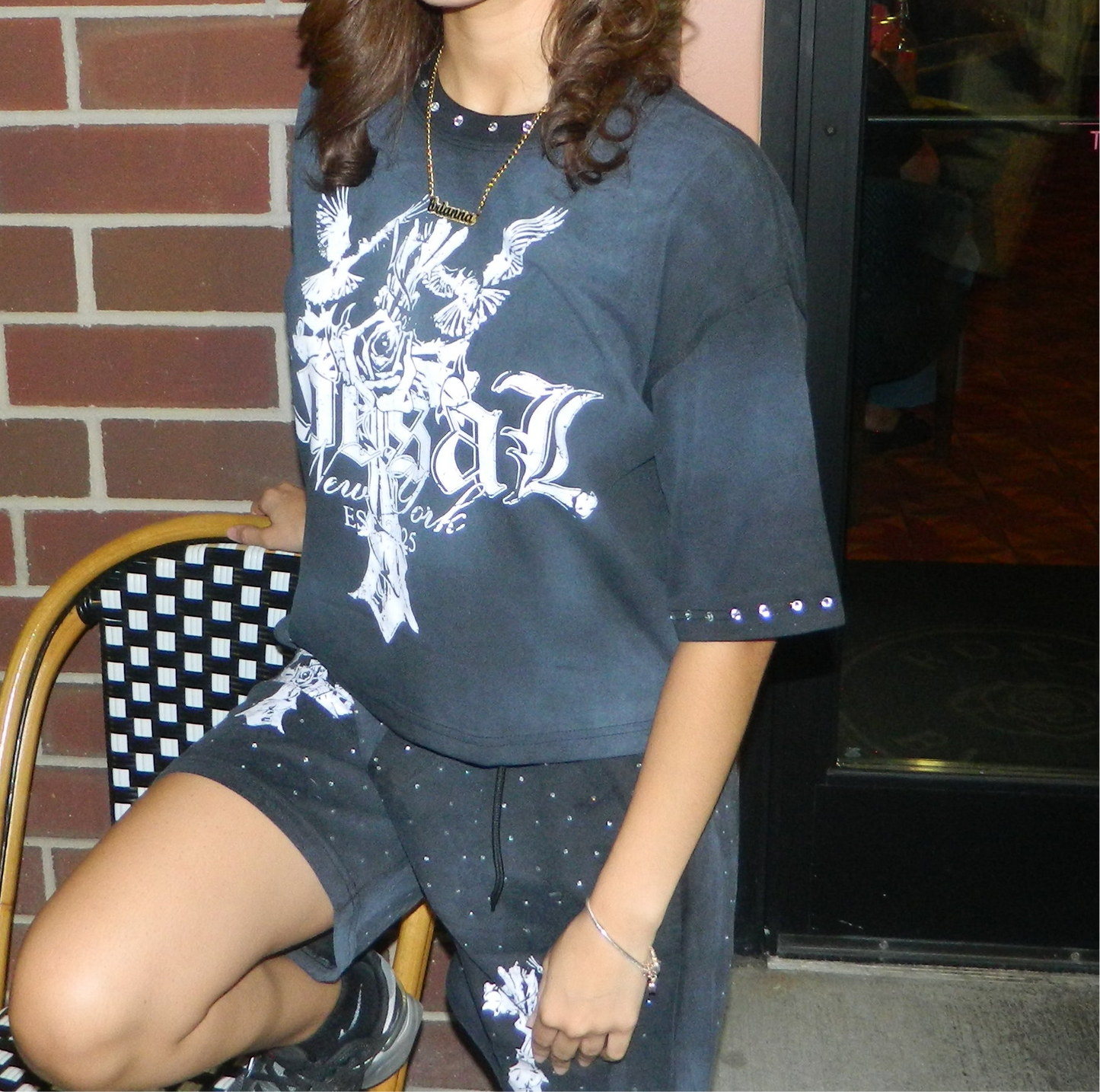 Rhinestones cross shirt and shorts set