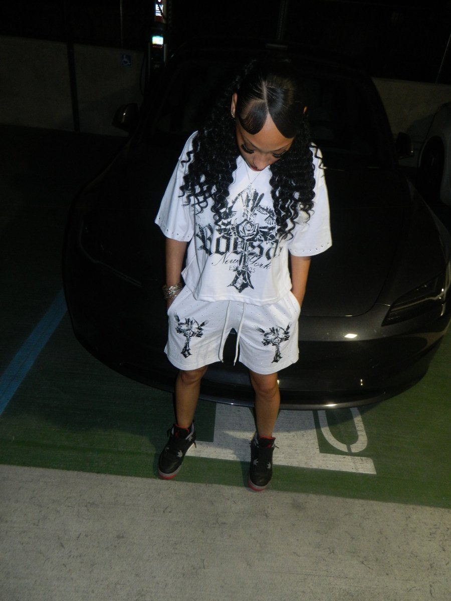 Rhinestones cross shirt and shorts set - Roesal.usa