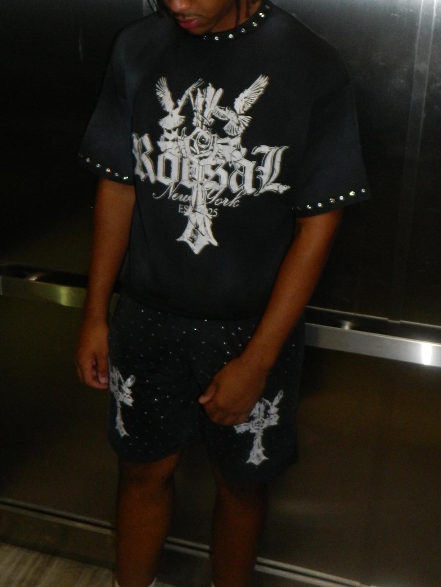 Rhinestones cross shirt and shorts set - Roesal.usa