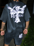 Rhinestones cross shirt and shorts set - Roesal.usa